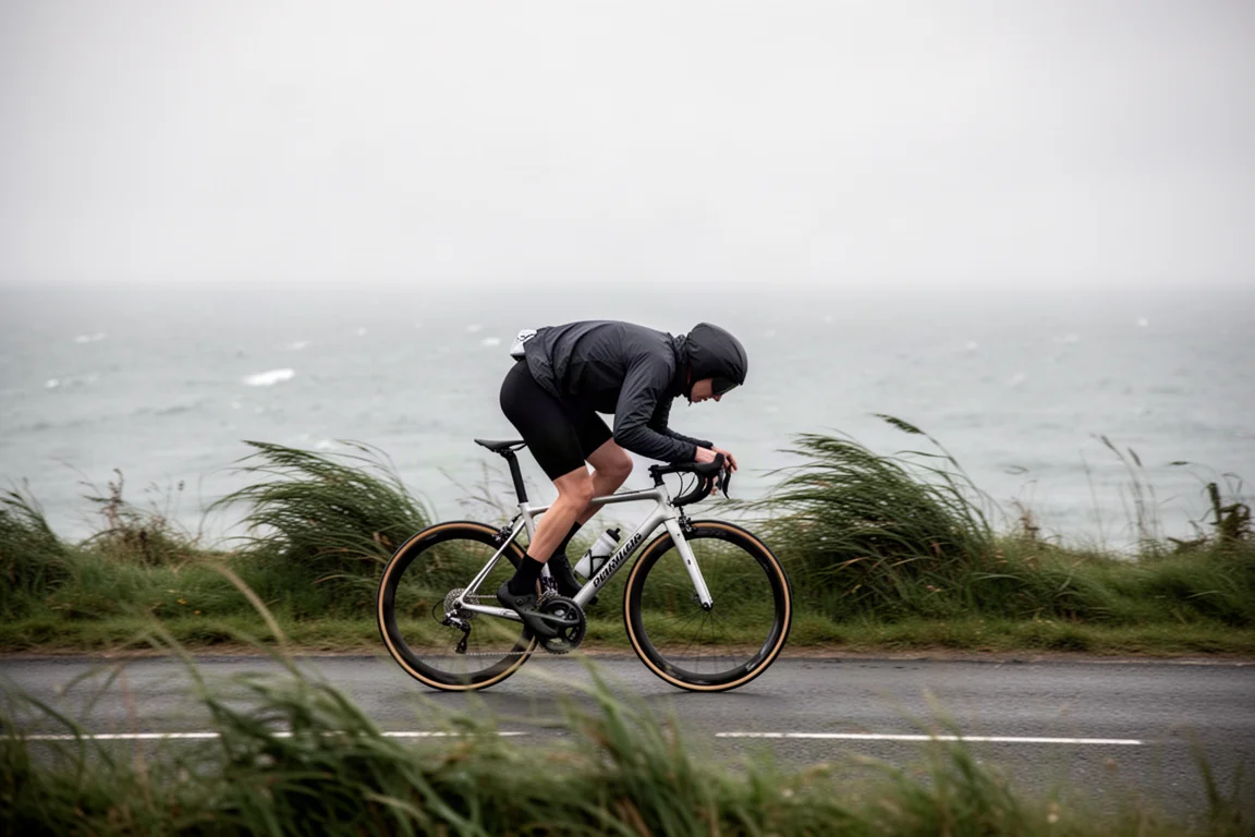 Cyclist leaning into a strong headwind on an exposed coastal road