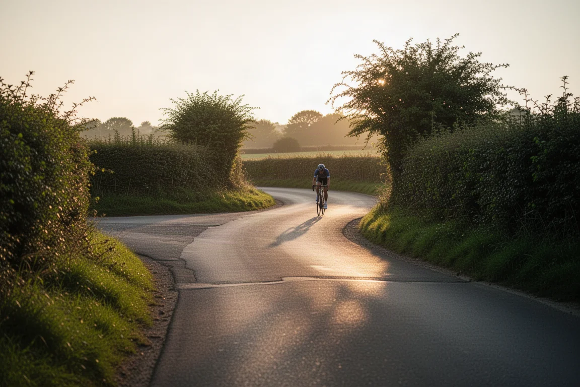 Road cyclist approaching a rural lane junction in golden hour light