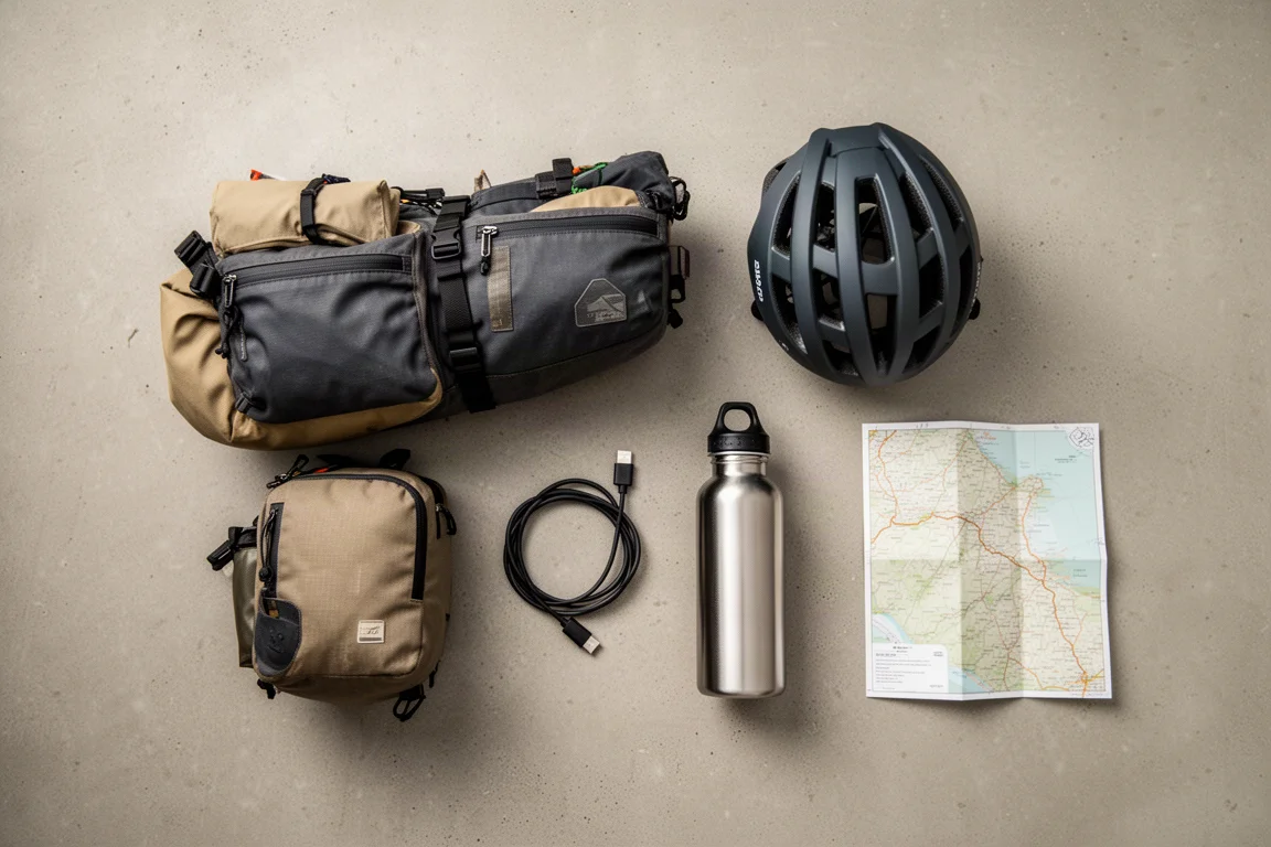 Overhead flat-lay of bikepacking gear on concrete with helmet and folded map