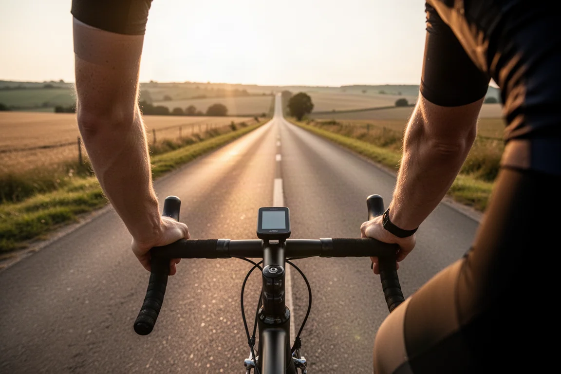 Cyclist seen from behind riding a road bike along an open rural road at first light