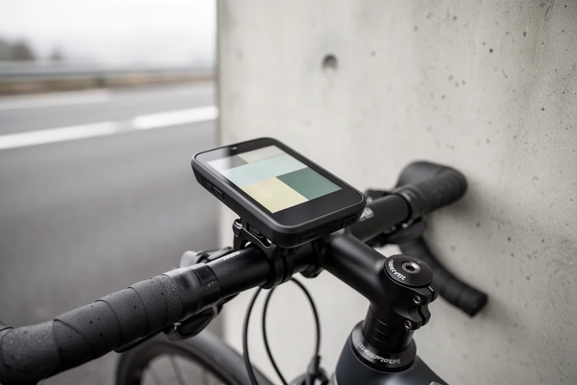 Close-up of a large handlebar-mounted cycling computer on a road bike in morning light