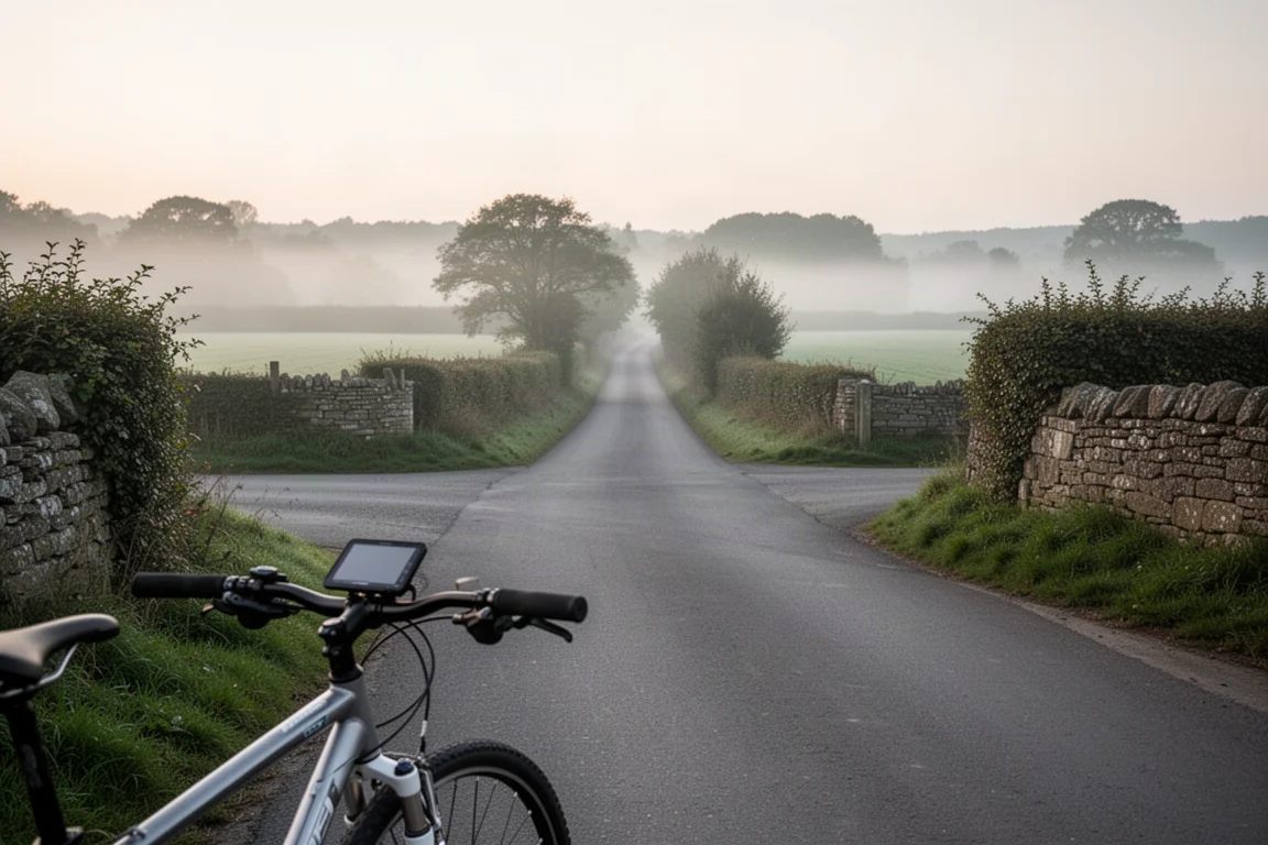 Cyclist paused at a rural crossroads beside a gravel lane in overcast daylight