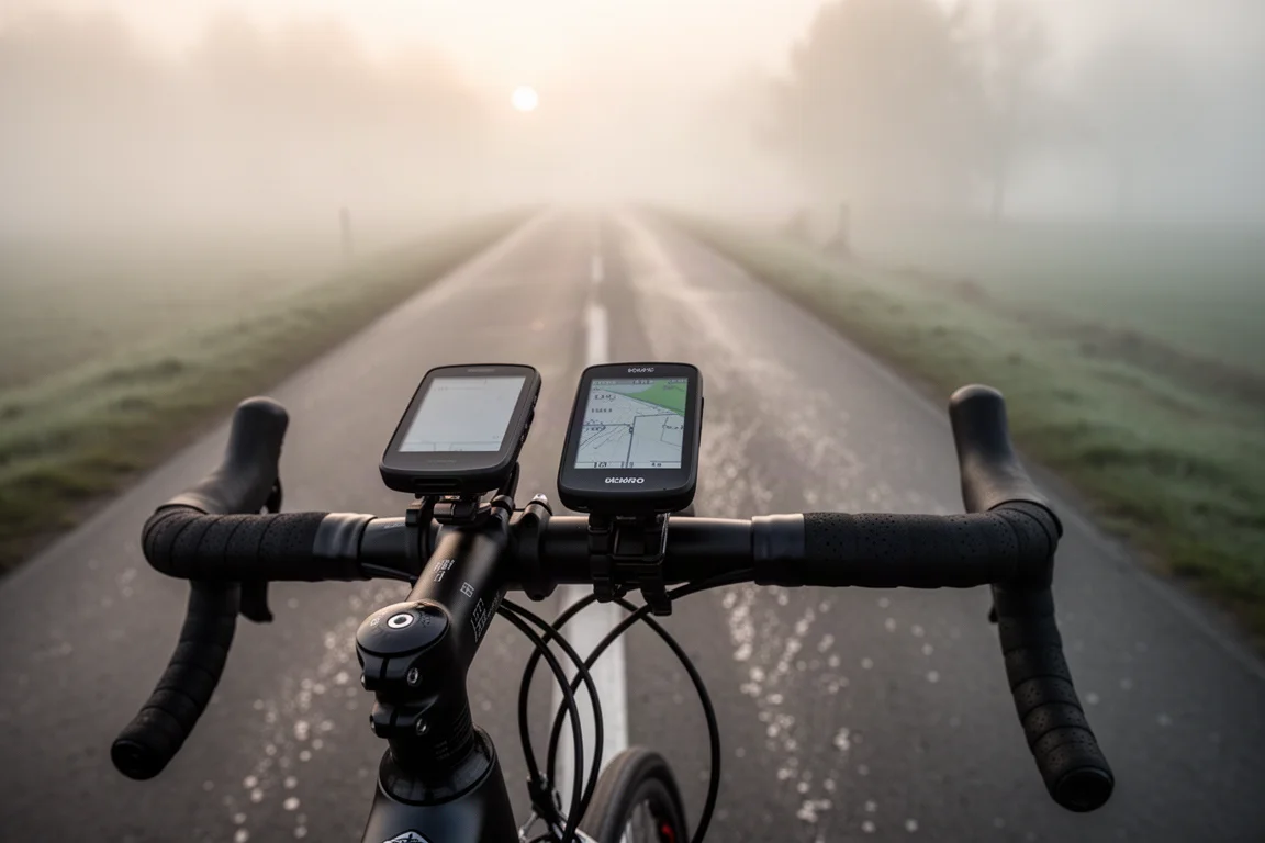 Stuurcockpit van een racefiets bij zonsopgang met een grote GPS-computer op een out-front mount