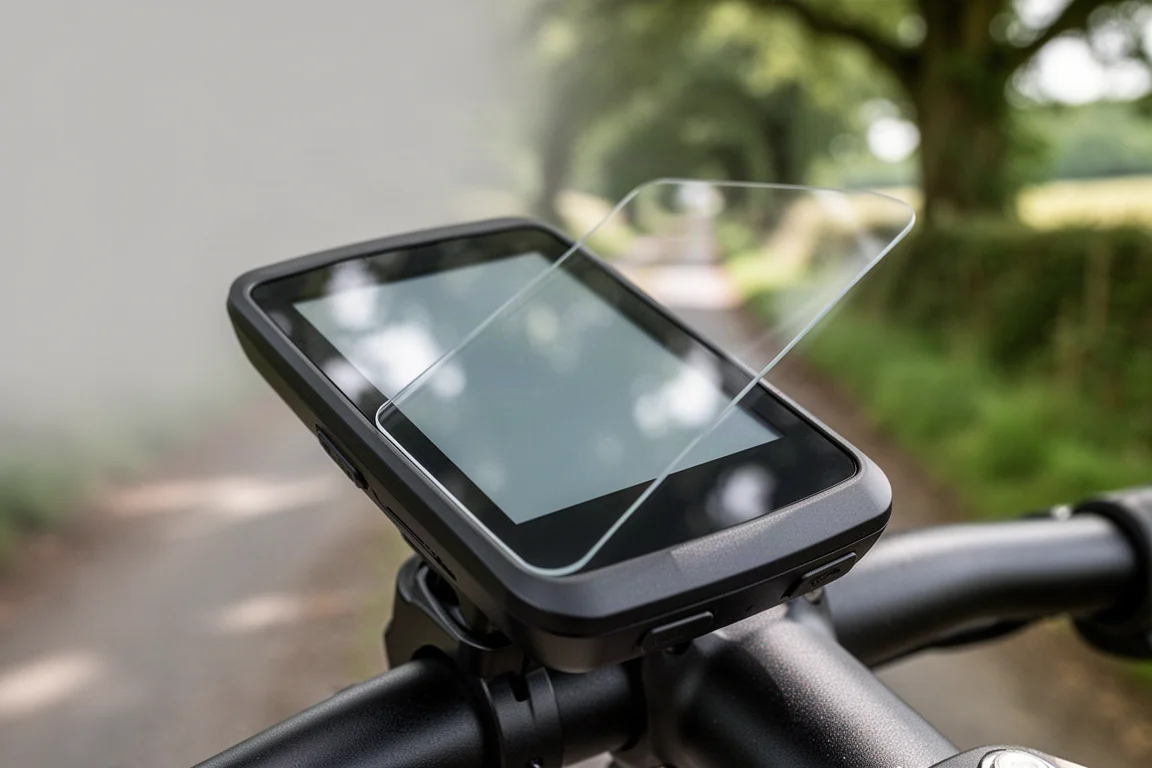 Mat antireflecterend scherm op een op het stuur gemonteerde GPS-computer in zonlicht