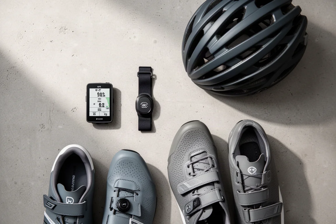 Bovenaanzicht van een GPS-fietscomputer, hartslagband, schoenen en helm op beton