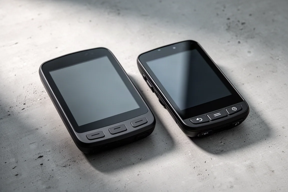 Dos grandes ciclocomputadores GPS uno al lado del otro sobre una superficie de hormigón mate