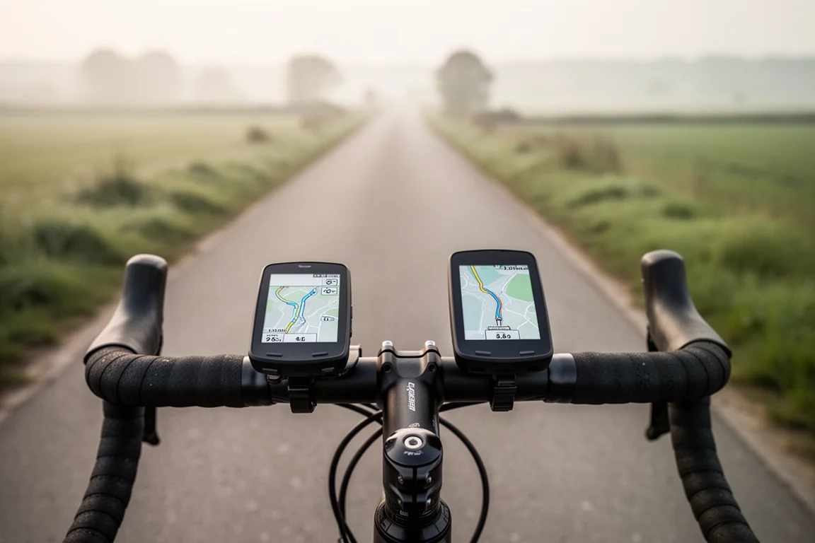 Landsvägscyclist som kontrollerar en styrfäst cykeldator på en lugn landsväg