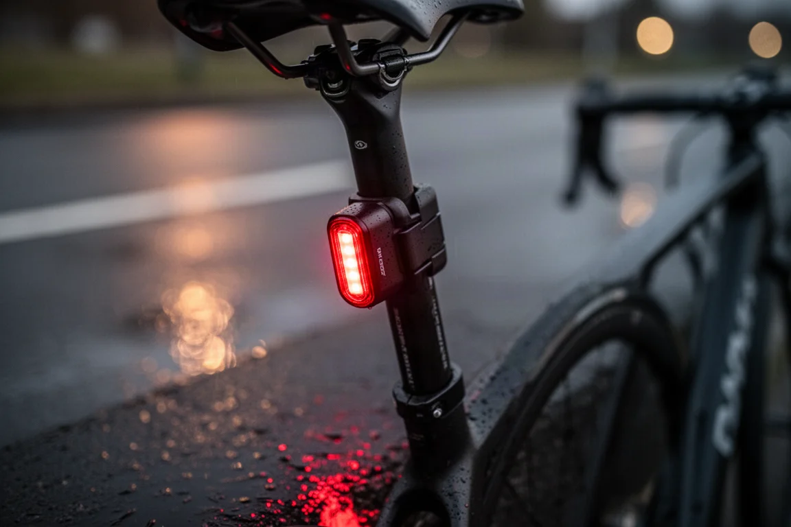 Kompakt radarbakljus monterat på en cykelsadelås i skymningen
