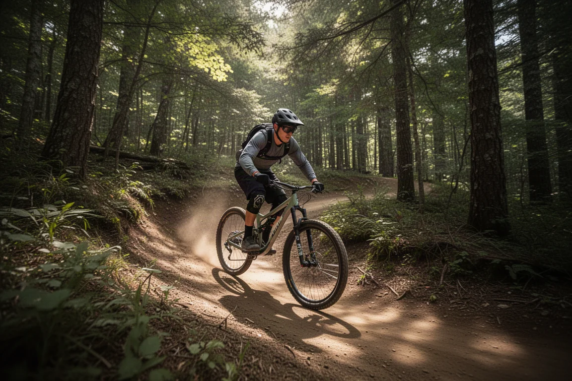 mountain biker 在茂密森林中騎過彎位緊湊的 switchback 越野徑