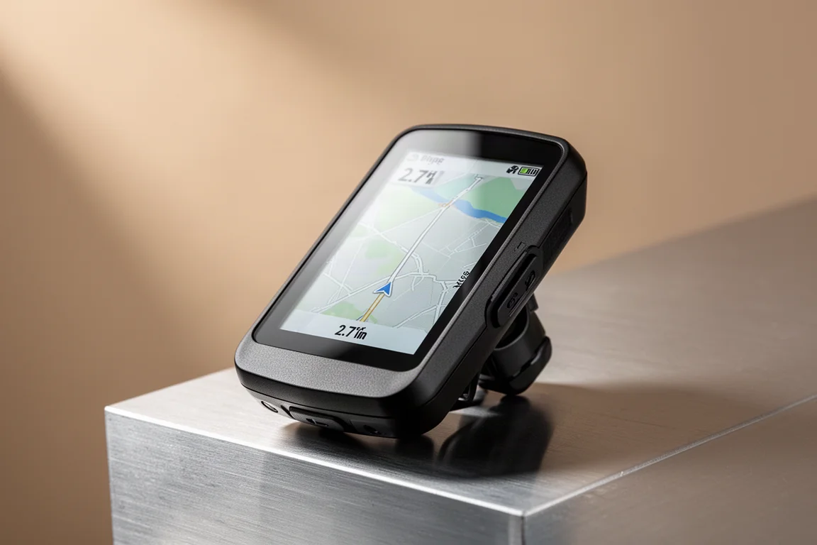 Wahoo ELEMNT Roam 單車碼錶放在拉絲鋁表面上