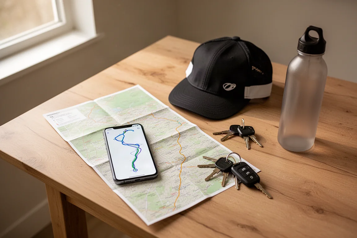 Ciclocomputador cargando en un escritorio de madera junto a un mapa de ruta plegado y un casco