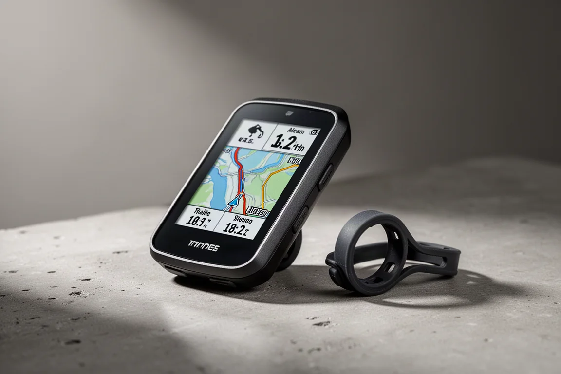 Matte black Wahoo ELEMNT ROAM bike computer mounted on an out-front mount on concrete