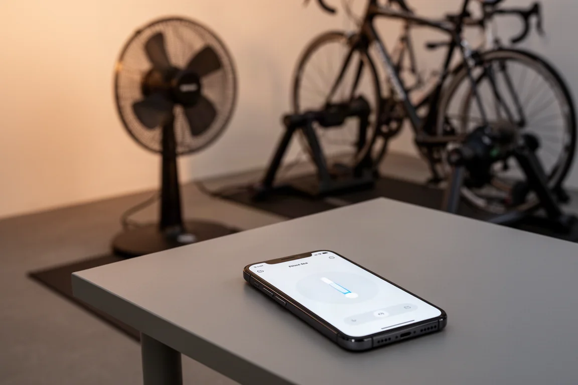 Smartfon z aplikacją do sterowania wentylatorem obok wentylatora do trenażera podczas jazdy wewnątrz
