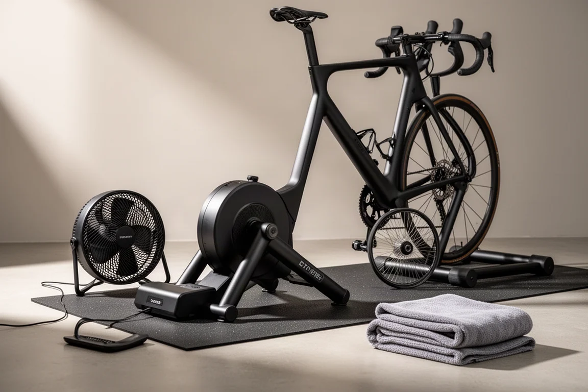 Allestimento per ciclismo indoor con trainer direct-drive, bici montata e ventilatore da pavimento su un tappetino