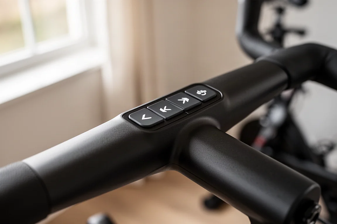 Närbild på integrerade styrkontrollknappar på en inomhus-smartcykel