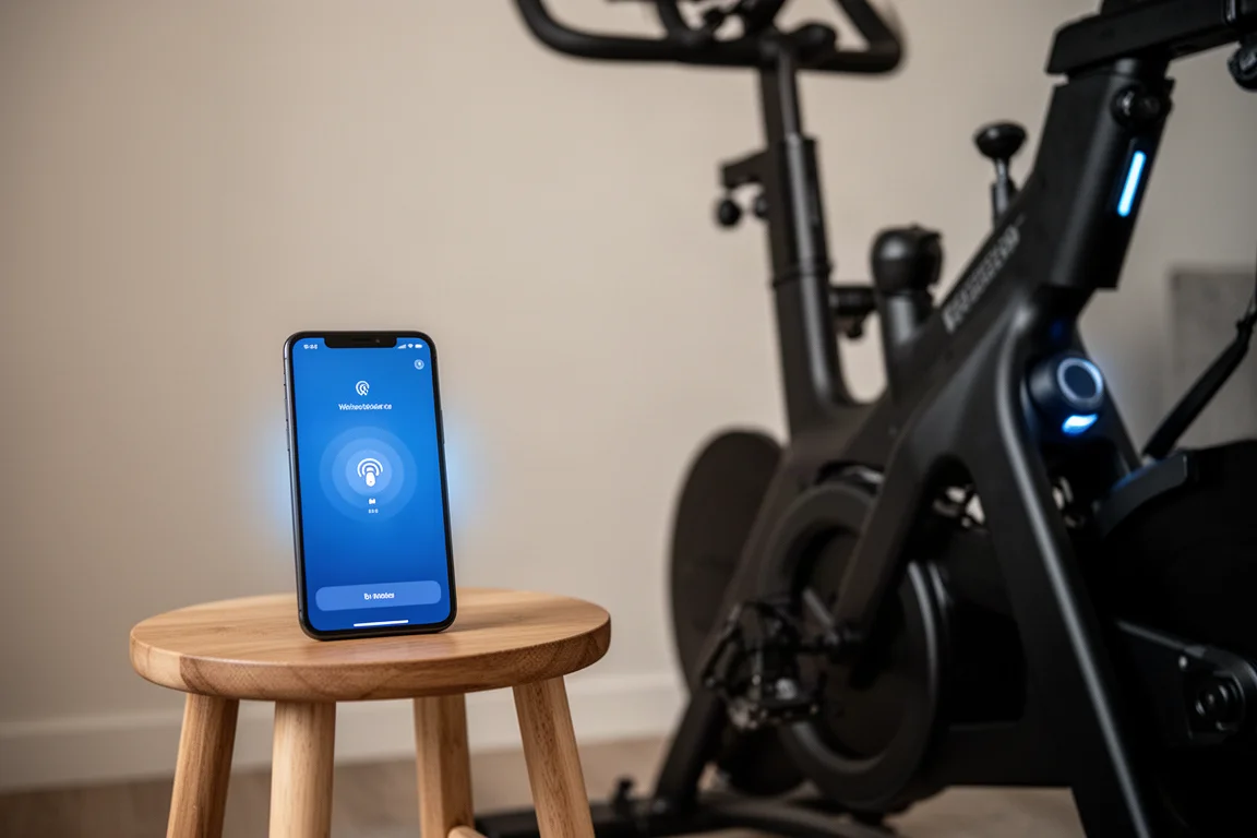Parningsskärm på smartphone bredvid en inomhuscykel under en säker Bluetooth-anslutning