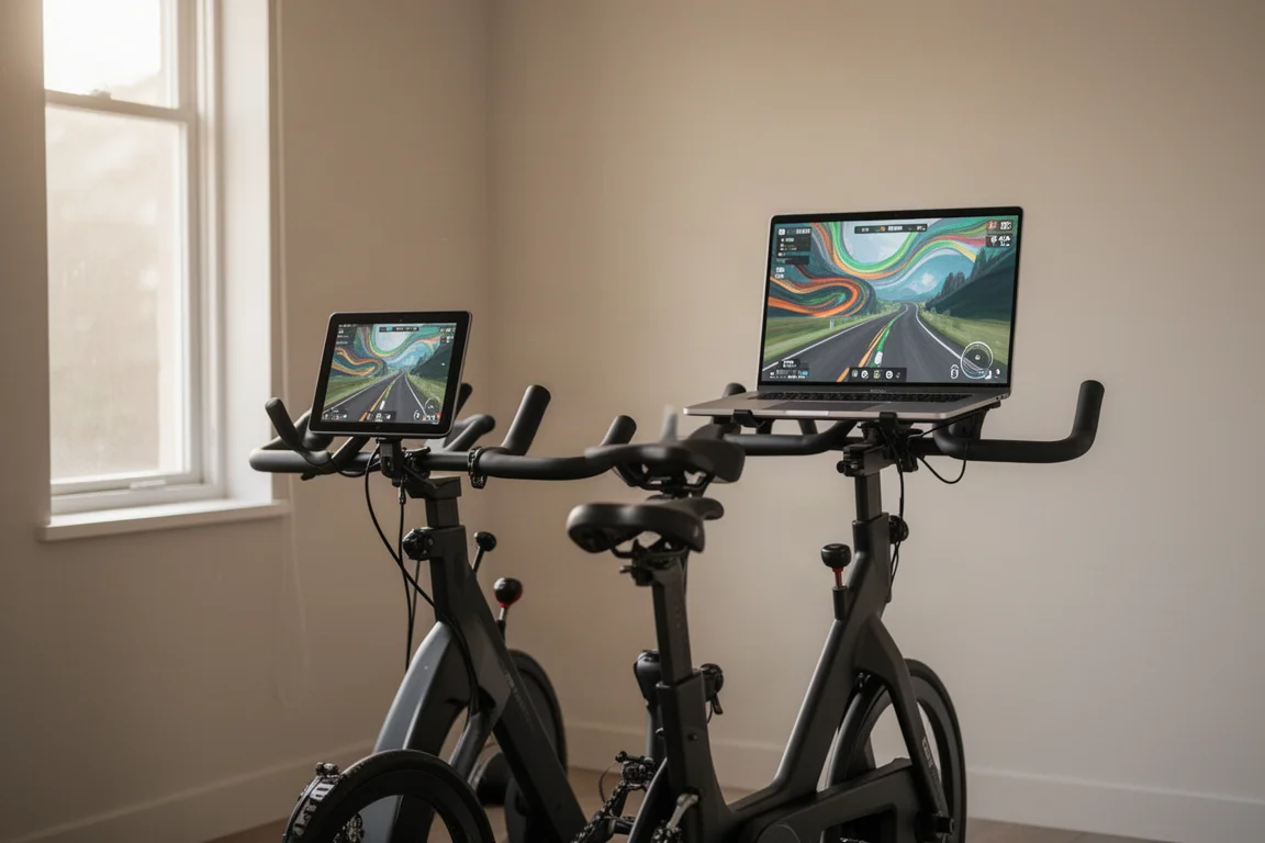 Indoor smart bike set up in a home training space with a laptop showing a cycling app