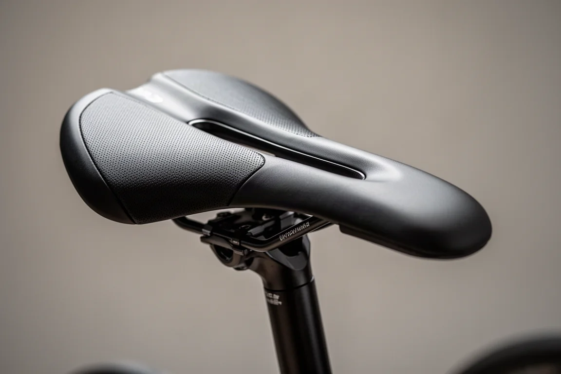 Close-up of a bike saddle with relief channel on a smart bike