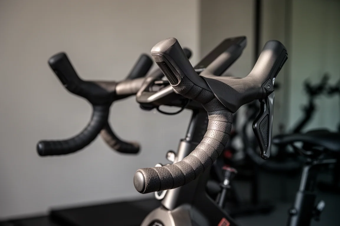 Rider hands resting on drop handlebar levers of a smart bike