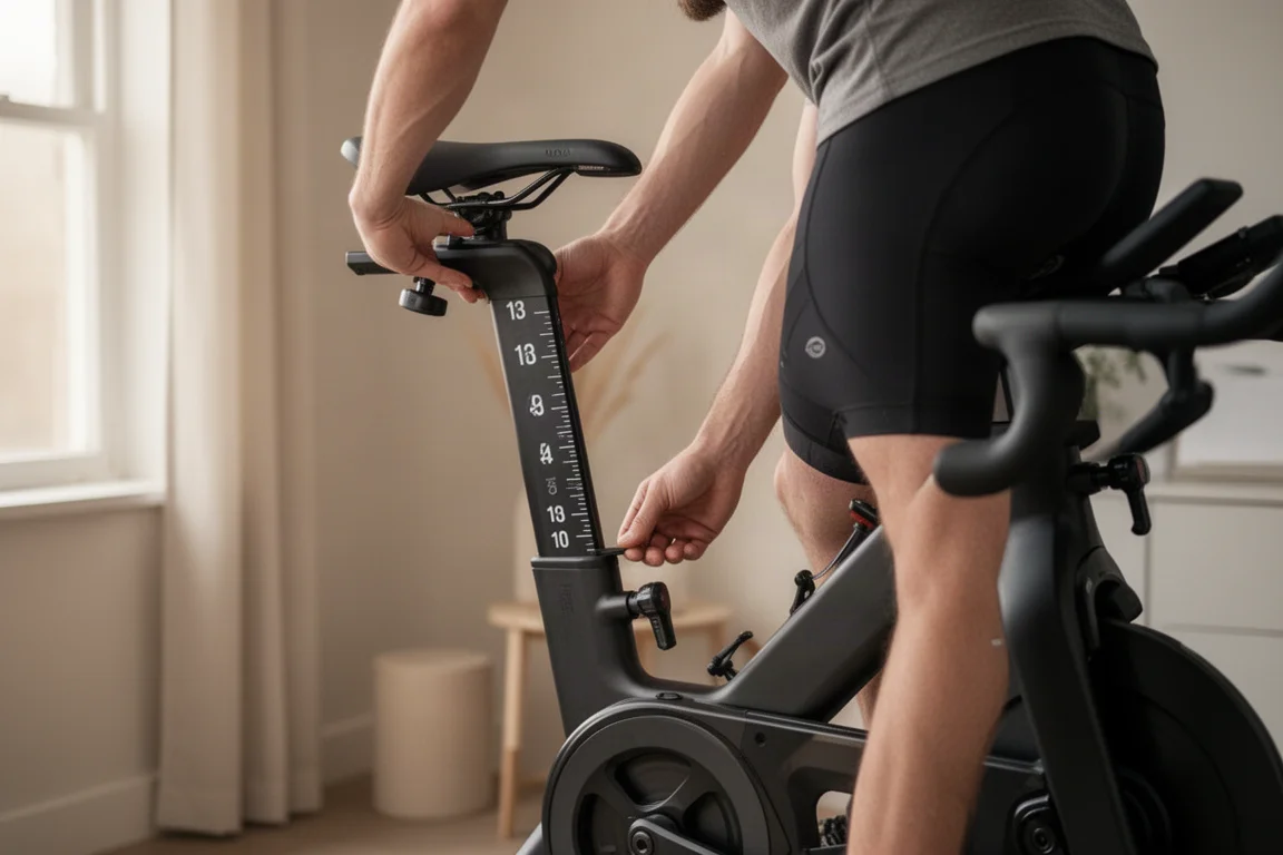 Person adjusting the seatpost of a smart bike in a home training space