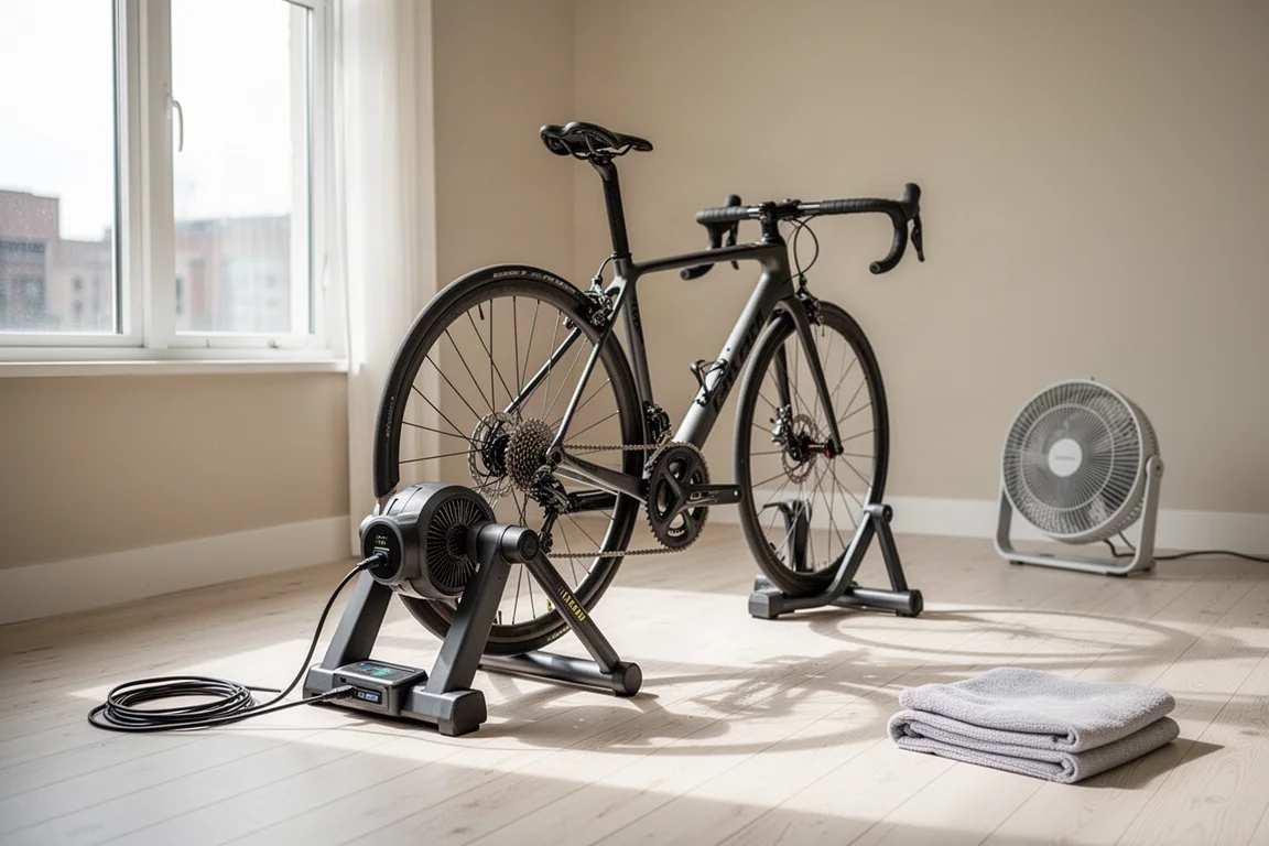 Rennrad auf einem Direct-Drive-Smart-Trainer in einer hellen Wohnung mit einem Ventilator in der Nähe