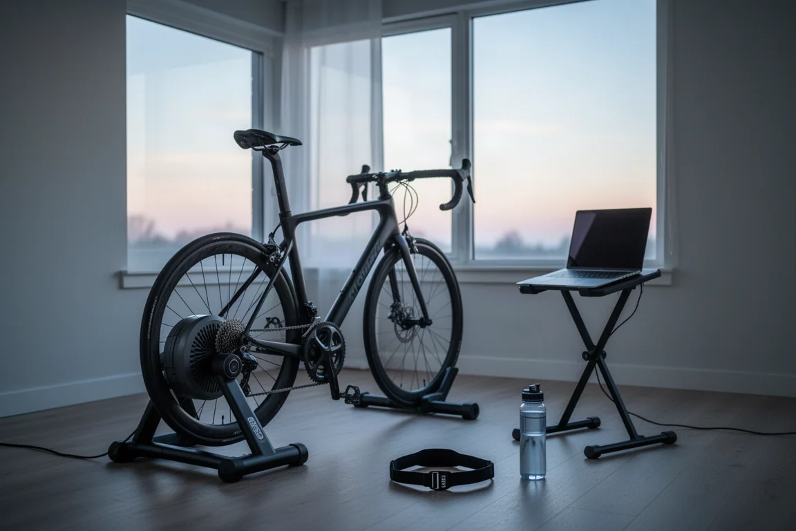 Indoor-Trainingsbereich mit Fahrrad auf einem Smart-Trainer, Laptop-Ständer und Herzfrequenzgurt