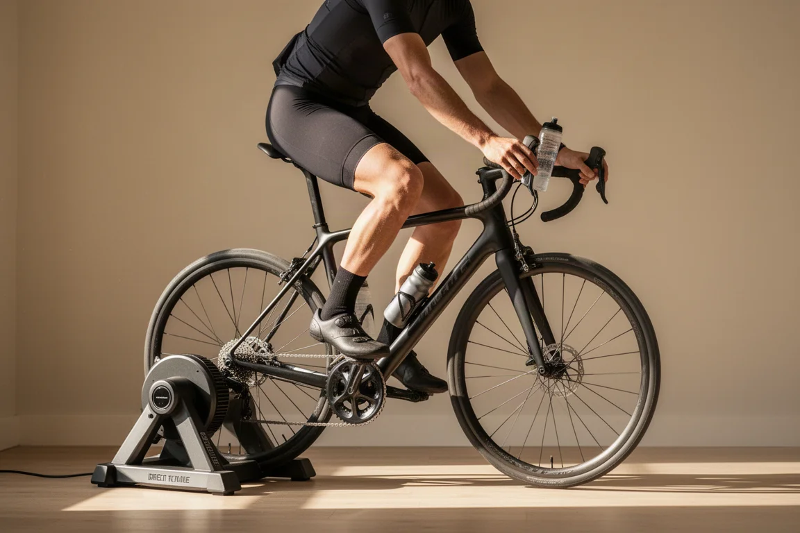 Fahrer auf einem Fahrrad, das auf einem Direct-Drive-Trainer in einem sonnendurchfluteten Trainingsraum montiert ist