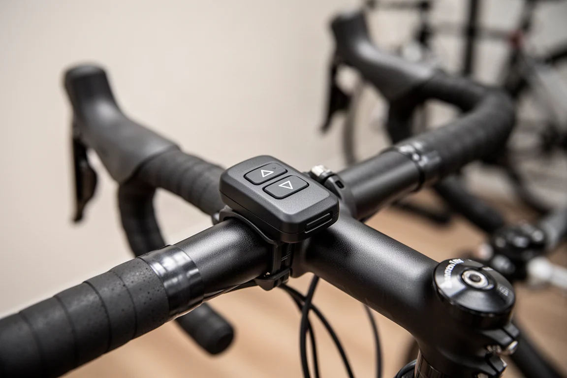 Mały pilot z dwoma przyciskami zamocowany na kierownicy szosowego roweru
