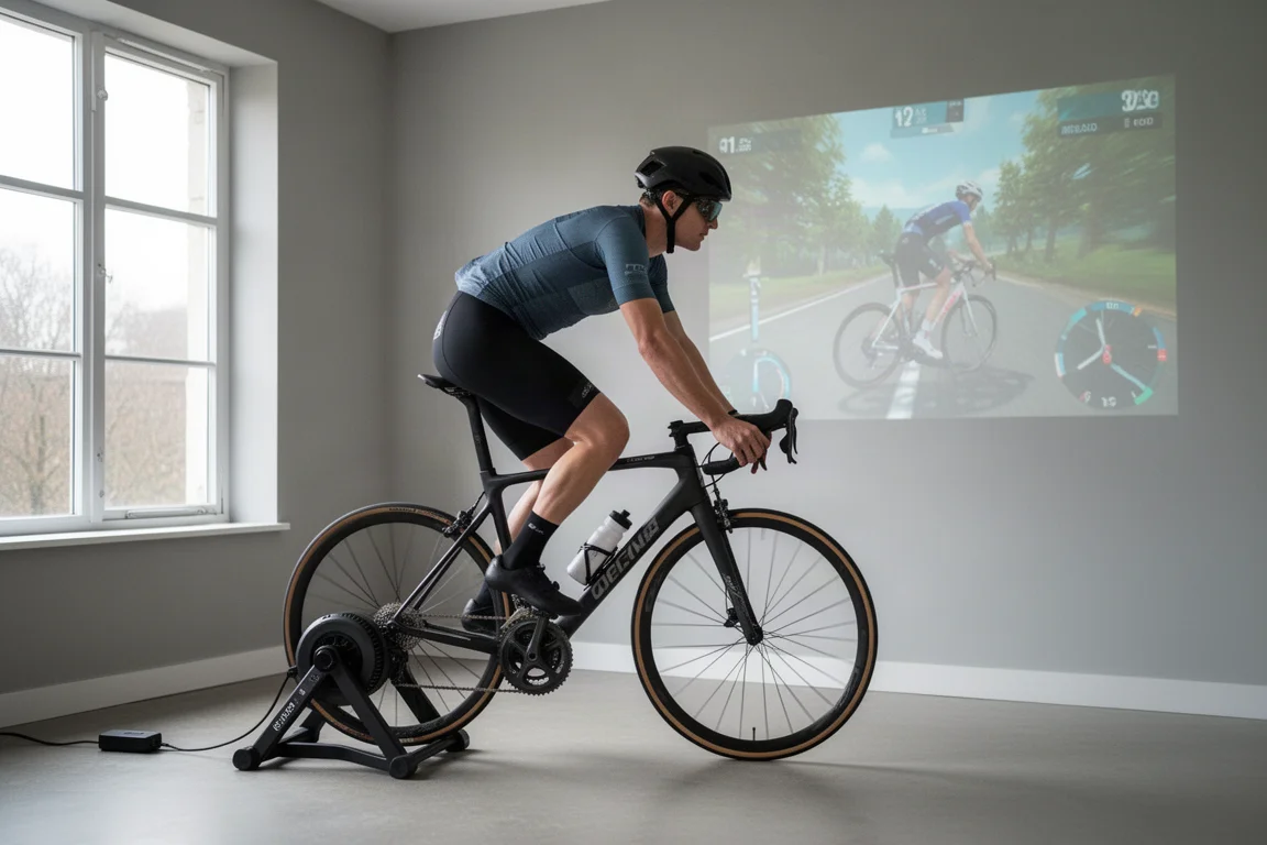 Ciclista che pedala al coperto su un rullo smart trainer a trasmissione diretta in una stanza luminosa dedicata all'allenamento