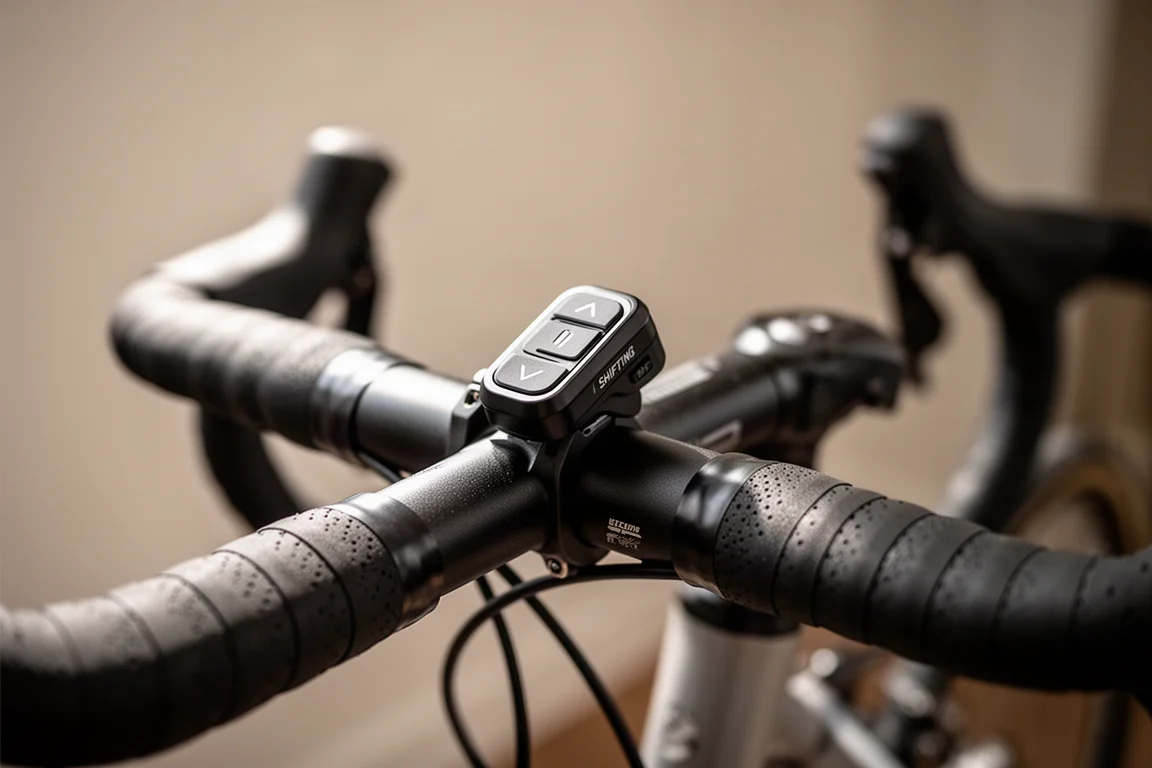 Piccolo modulo di cambio fissato al manubrio di una bici da corsa con manubrio a cornetta