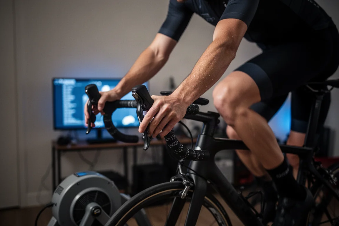 Ciclista che completa un allenamento a intervalli strutturato su un rullo indoor