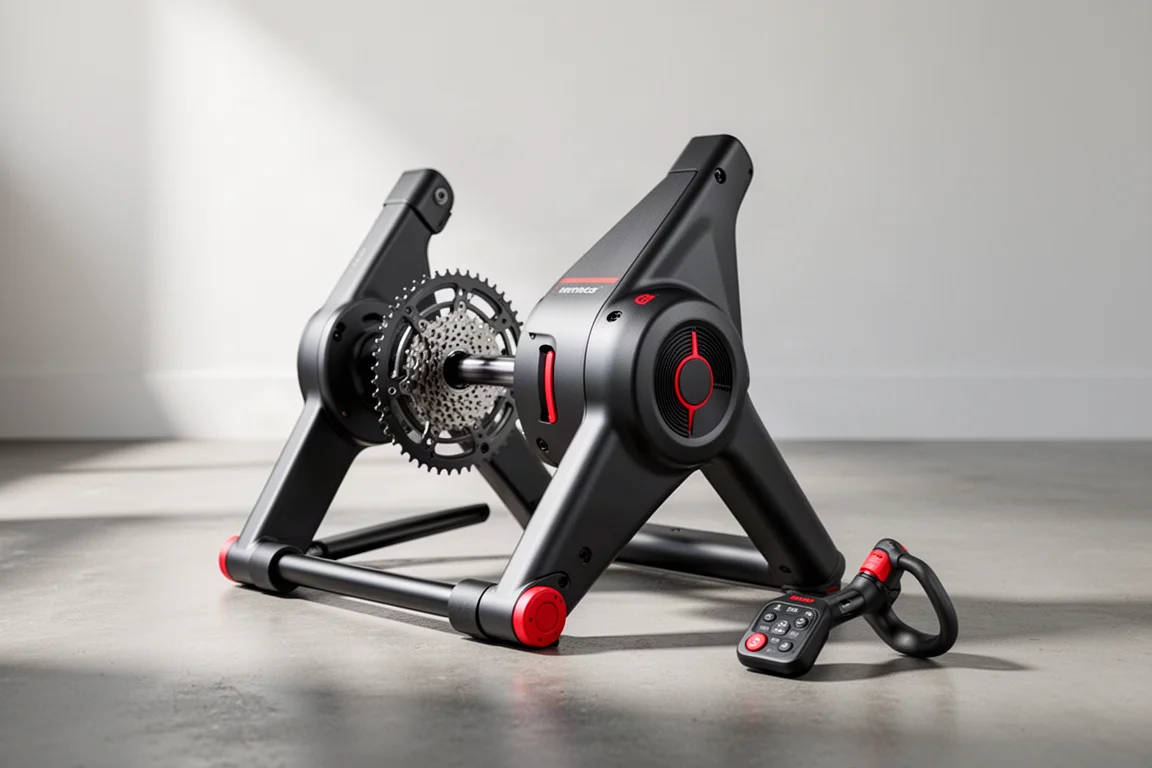 Direct drive smart trainer with a single cog and handlebar shifting pod on concrete floor
