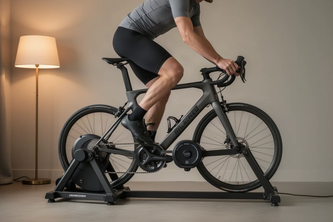 Ciclista sobre un rodillo inteligente en una configuración de ciclismo indoor en casa