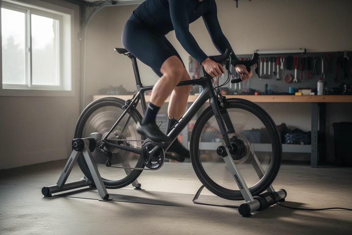 Radfahrer beim Aufwärmen auf Indoor-Rollen in einer Garage, mit einem Frontstabilisator, der das Rad hält