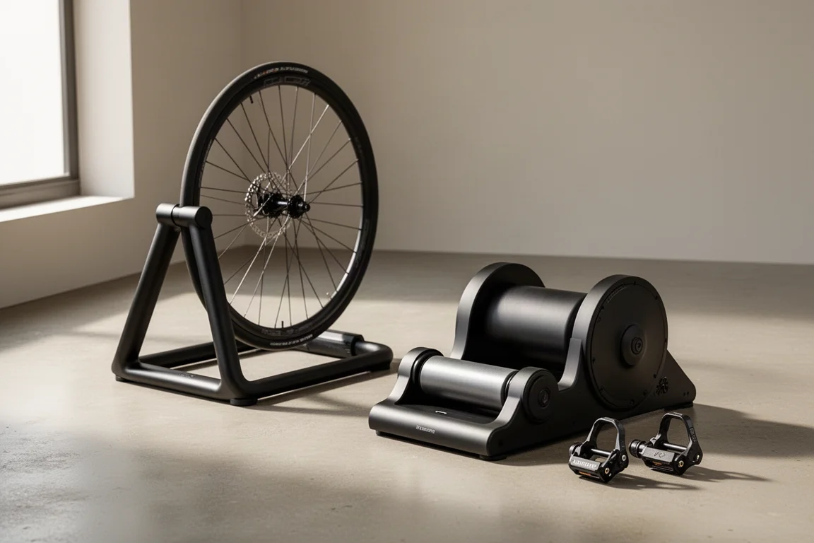 Wahoo KICKR ROLLR indoor bike trainer with front wheel cradle and rear rollers on concrete