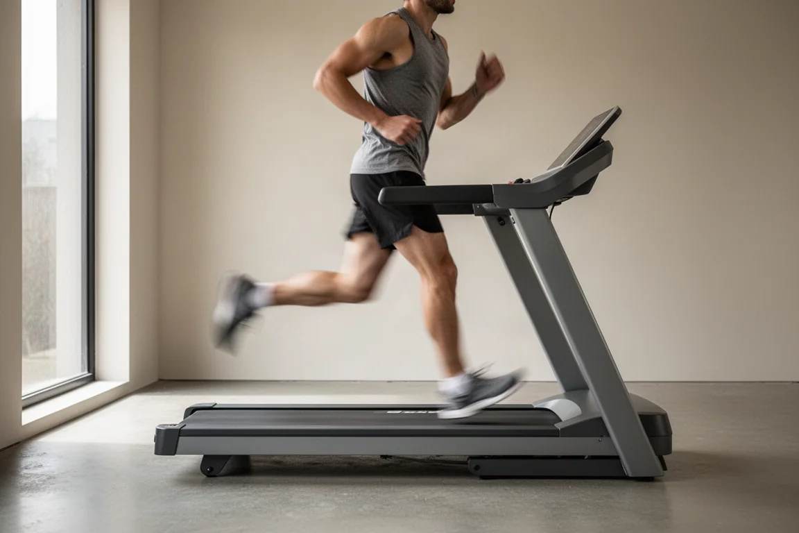 Runner mid-stride on a treadmill in a bright minimalist home gym