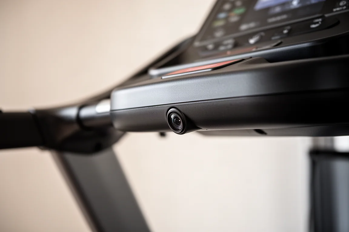 Close-up of a treadmill console sensor area tracking a runner's position