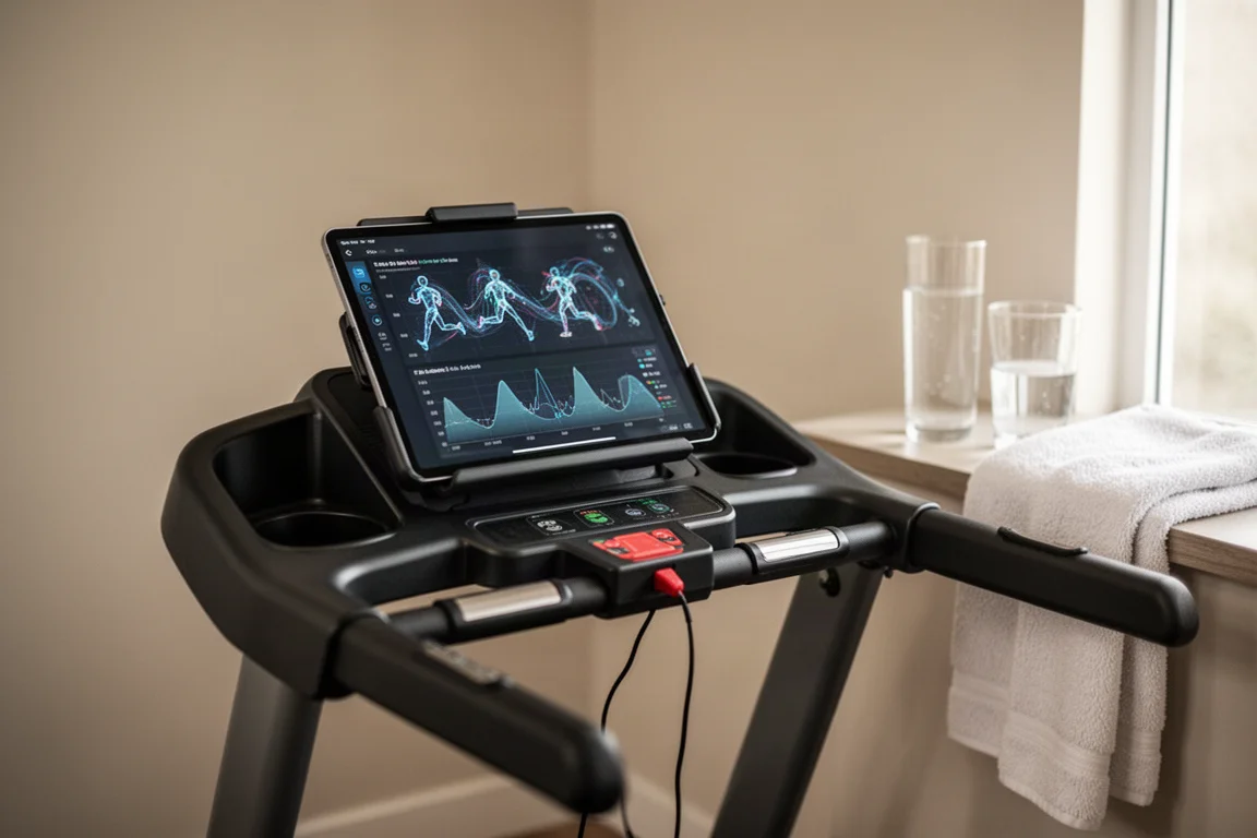 Tablet mounted on a treadmill console showing a running app beside entertainment content