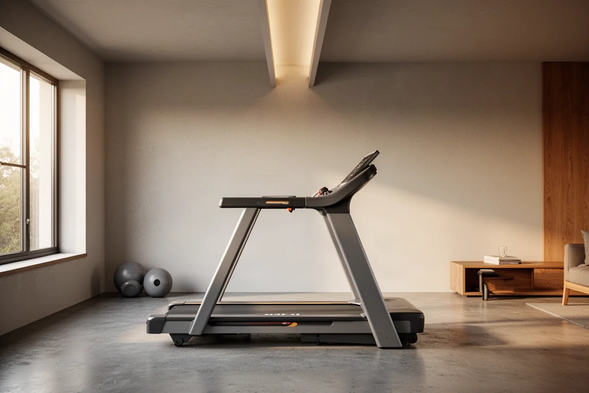 Treadmill positioned in a home gym with attention to ceiling height clearance