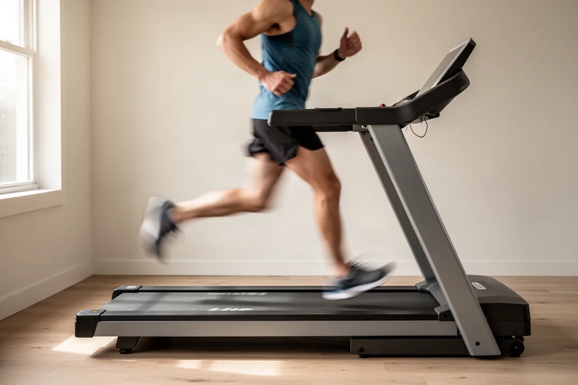 Runner mid-stride on a treadmill belt in a bright minimalist home gym