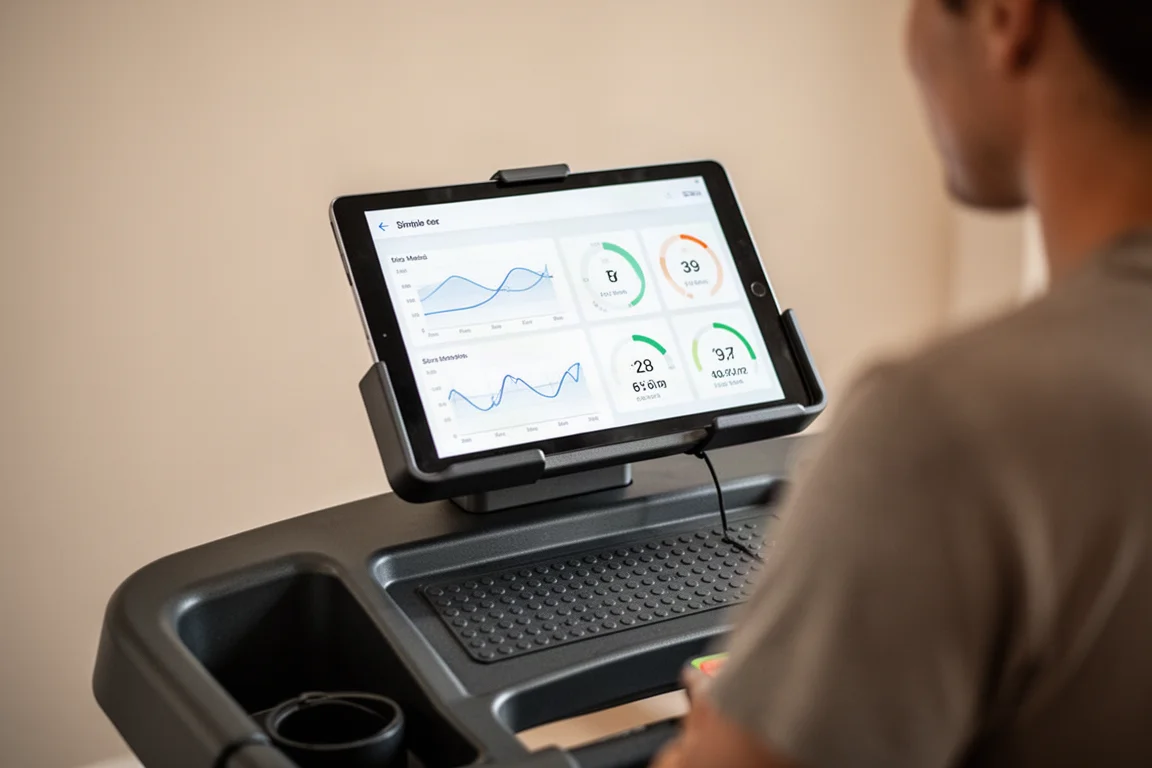 Tablet mounted on a treadmill console showing running metric charts