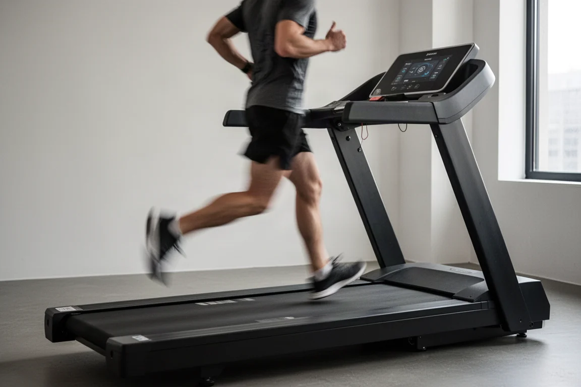Runner on a spacious treadmill belt in a bright minimal training space