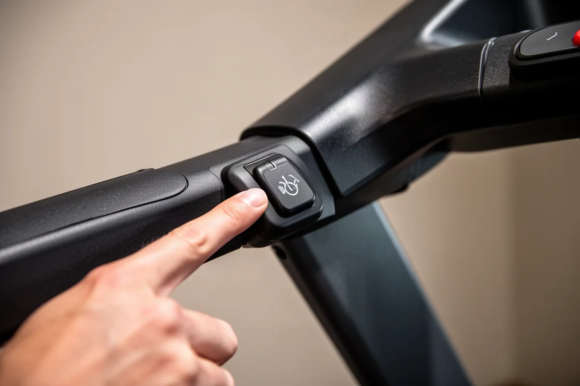 Close-up of treadmill side paddle control being pressed by a fingertip
