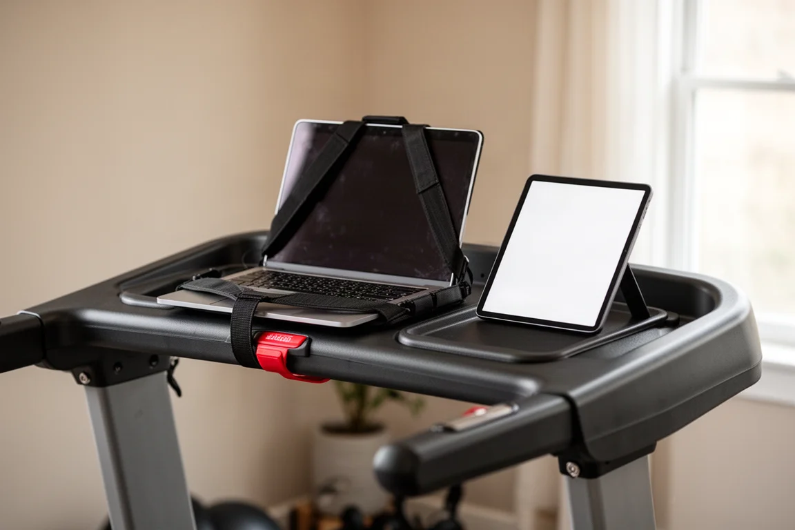 Tablet and laptop set up on a treadmill front tray for a connected workout