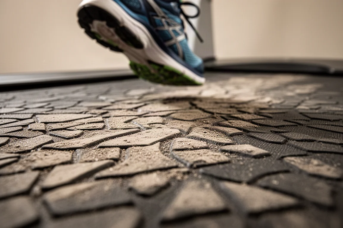 Treadmill belt surface showing textured trail-style pattern under soft light