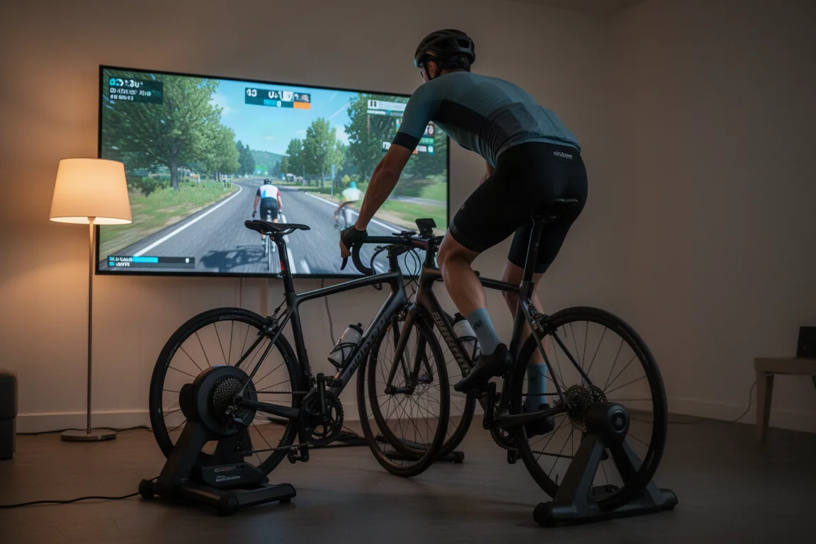 Ciclista indoor sul rullo che sterza lungo un circuito virtuale su un grande schermo