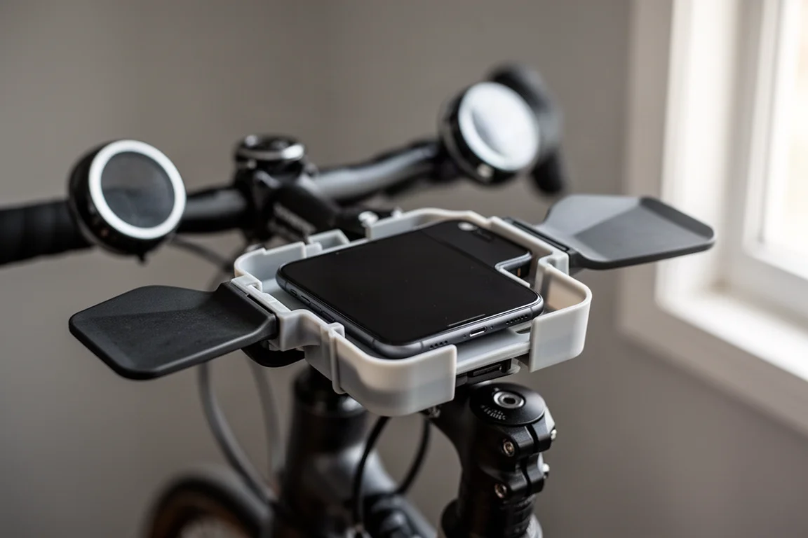Primo piano di uno smartphone inserito nel vassoo del KICKR STEER tra due palette di sterzo