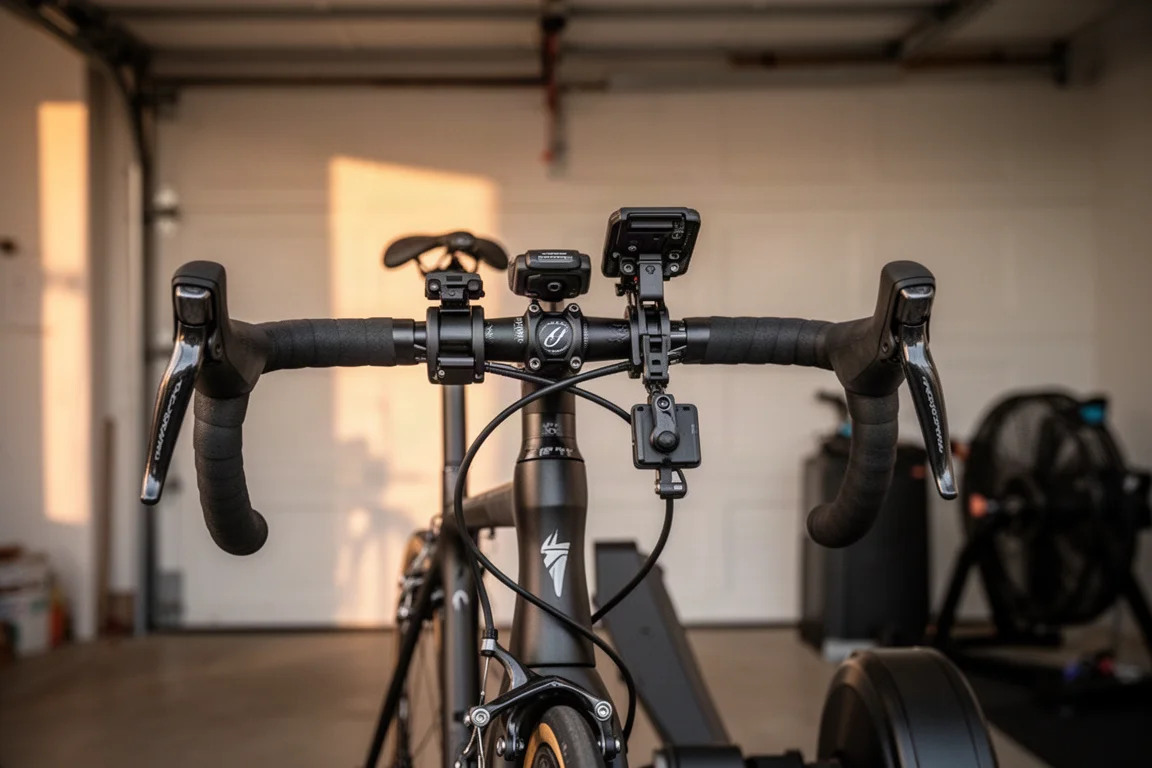 Ciclista che guarda uno smartphone montato sul manubrio di una bici indoor durante la pedalata