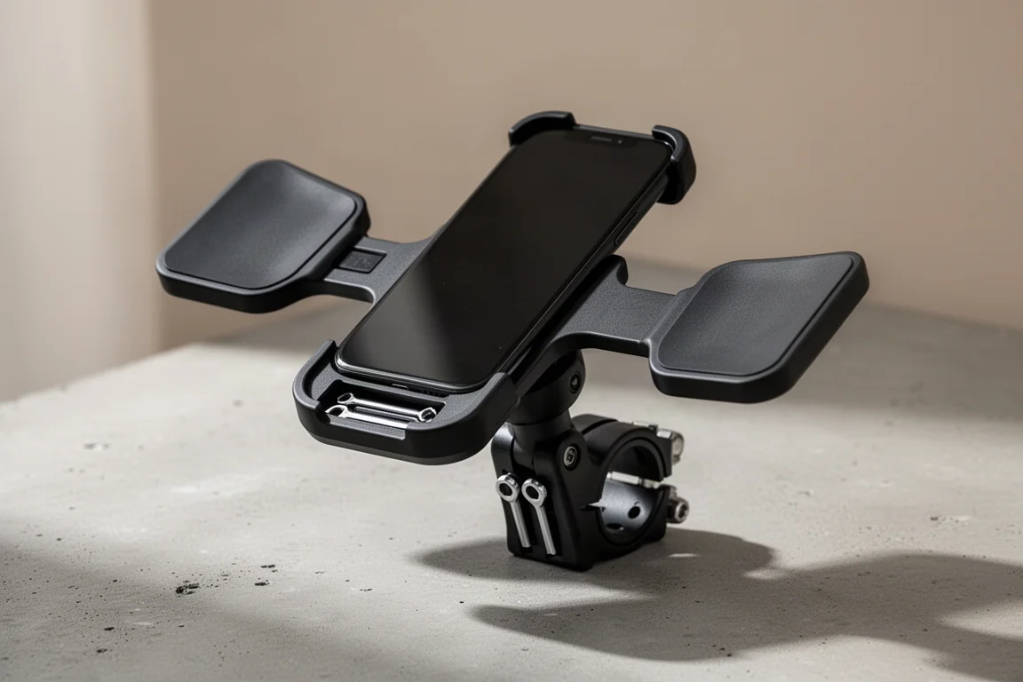 Accessorio di sterzata Wahoo KICKR STEER con palette e supporto per telefono su superficie in cemento