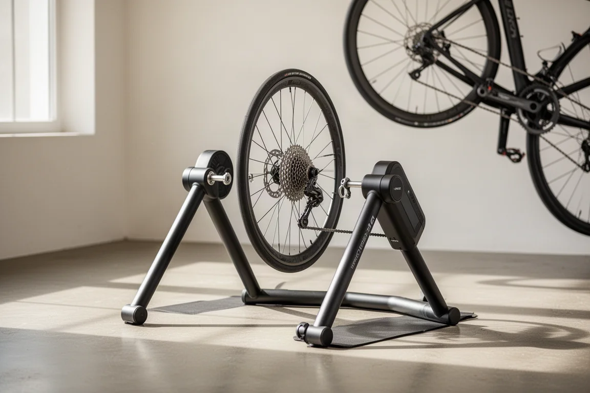 Rodillo inteligente apoyado sobre un suelo de hormigón en un espacio de ciclismo indoor minimalista
